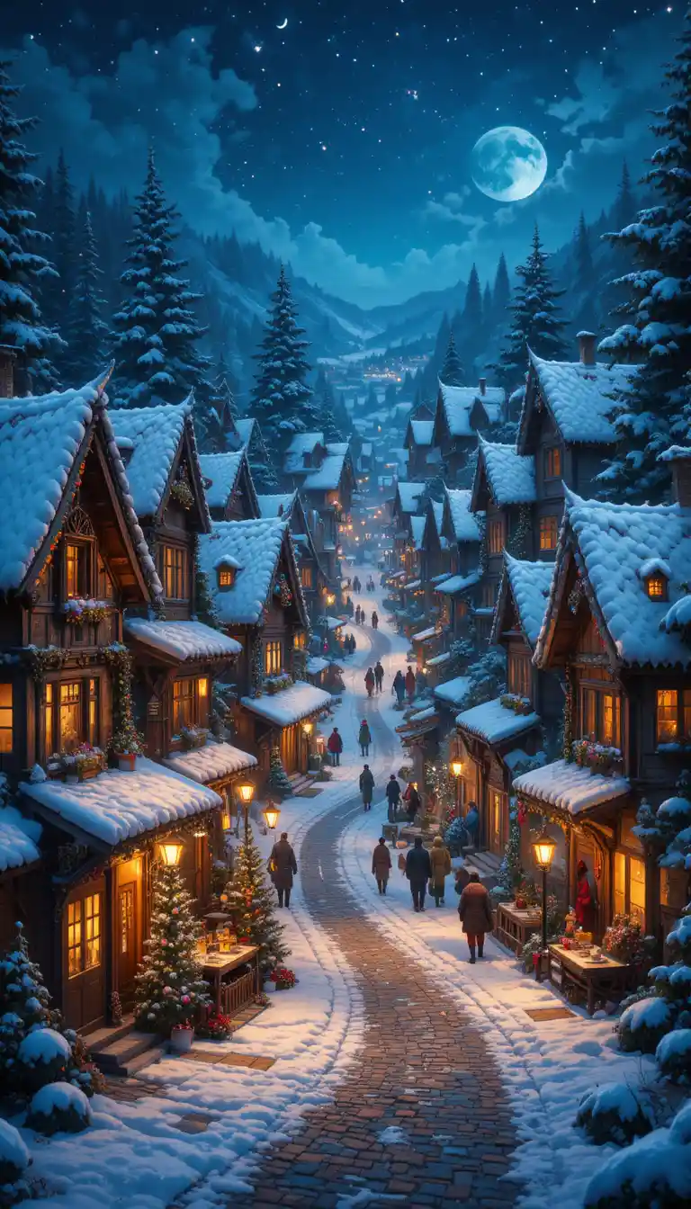 Festive village street filled with joyful Christmas celebrations
