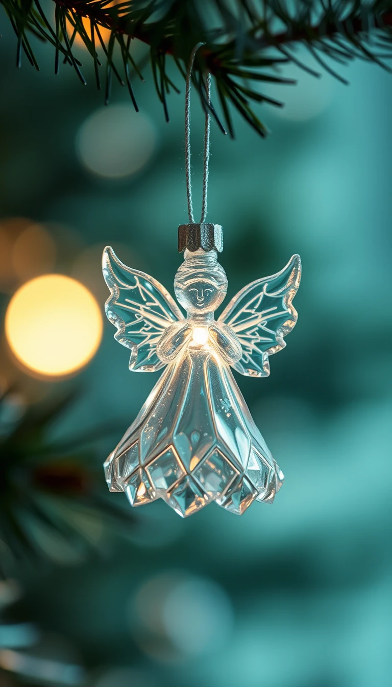 Glass snow angel ornament glowing in a christmas tree