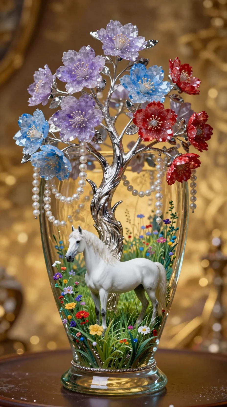 Vaso di cristallo con fiori e cavallo bianco in un prato in miniatura