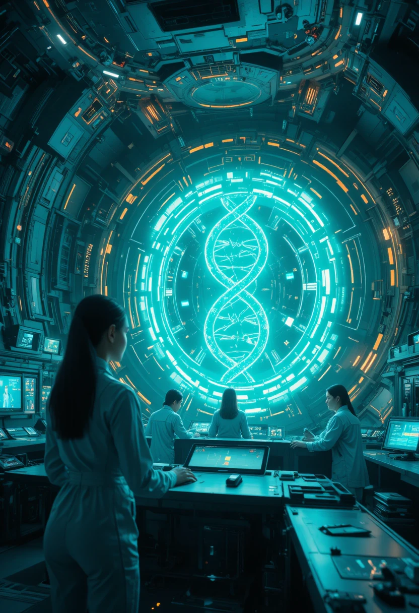 Nahaufnahme Sci-Fi-Labor mit holografischem DNA-Kontrollpanel
