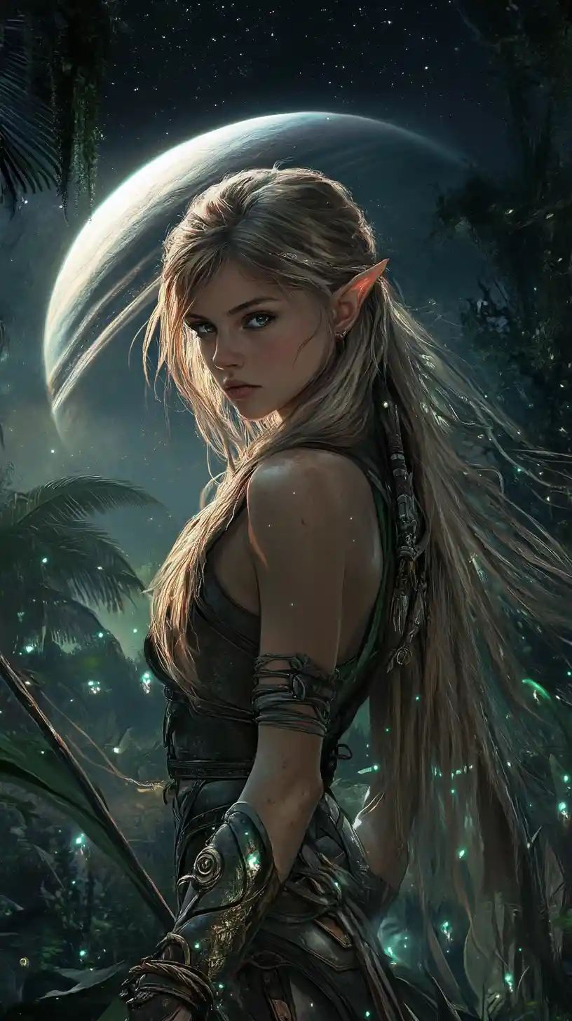 Nordic warrior woman in glowing alien jungle night
