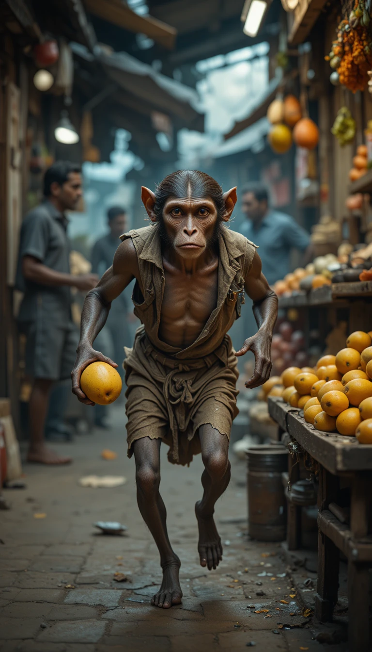 Hungry monkey fleeing with mango through Indian street market