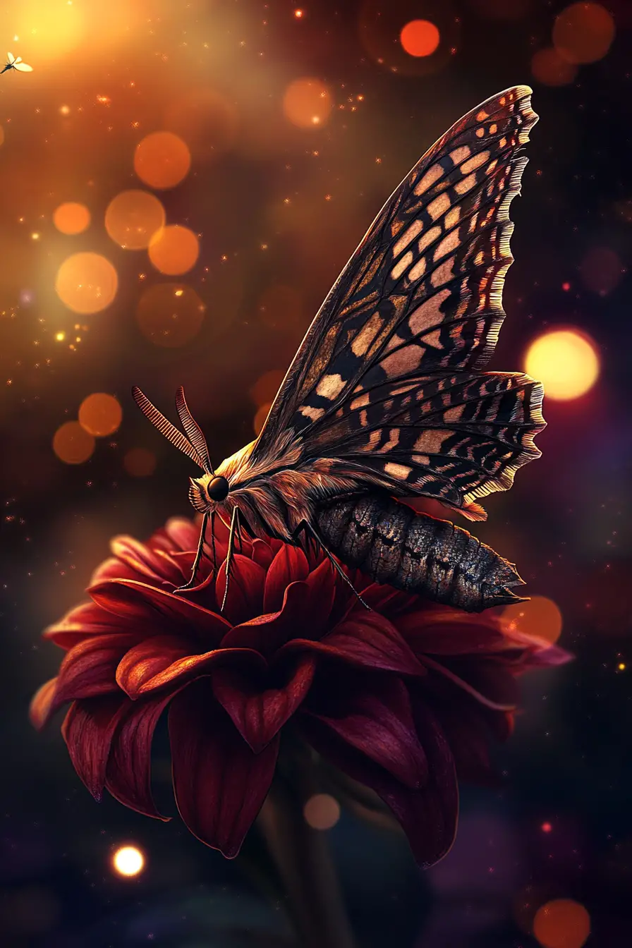 Hawk moth on twisted crimson flower in dark surreal scene