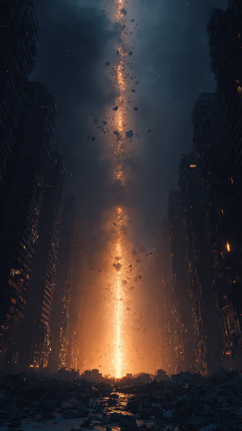Alien energy beam disintegrating crowds in apocalyptic city
