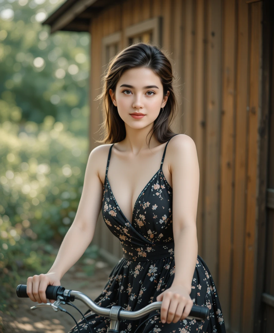Woman in black floral dress riding a bicycle outdoors