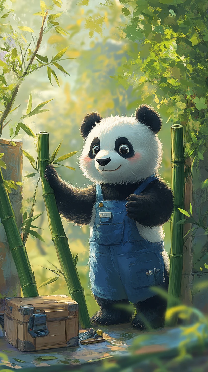 Panda falegname che costruisce una recinzione di bambù con salopette blu
