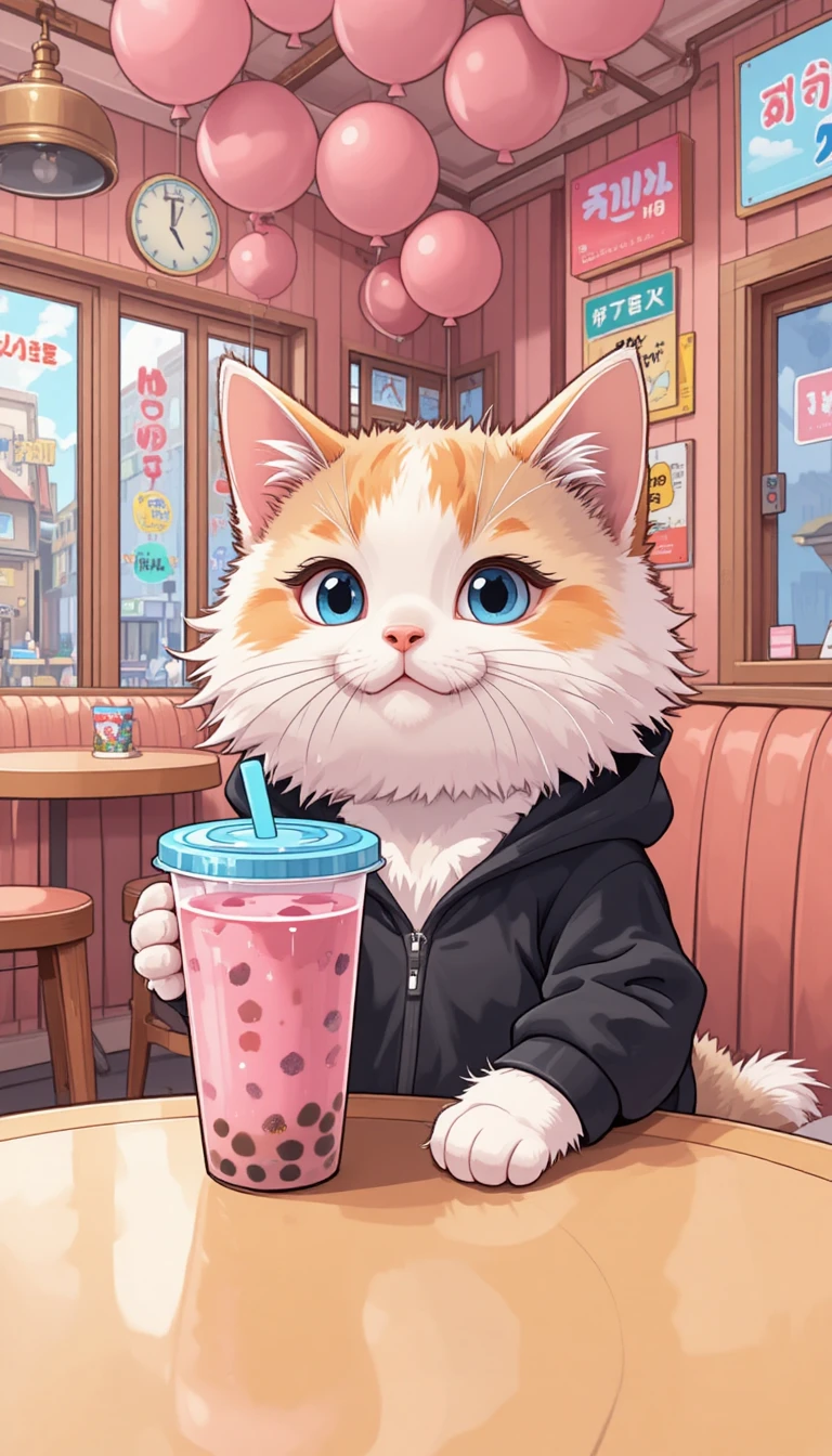 Adorable chat blanc en hoodie à une table de café colorée