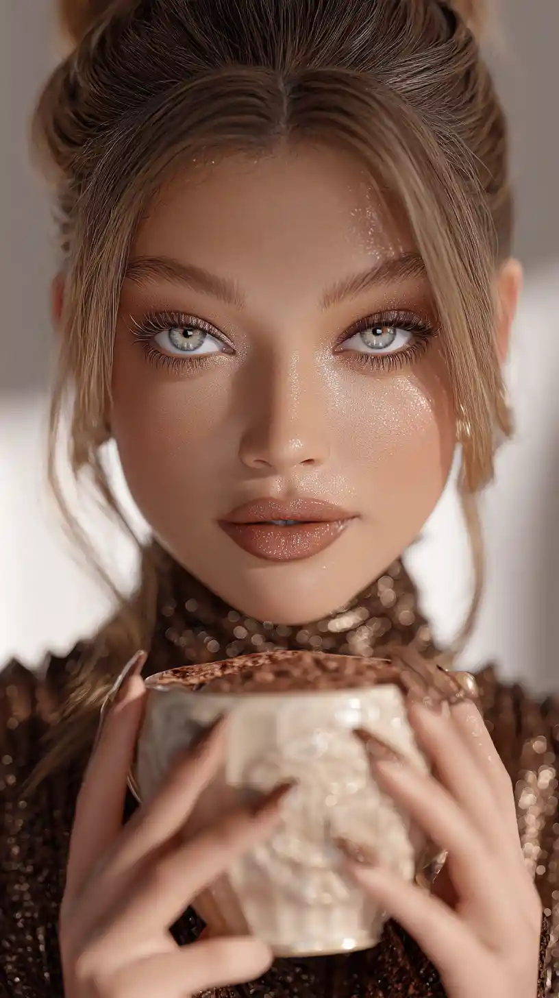 Elegante ilustração de moda em close de Gigi Hadid com xícara