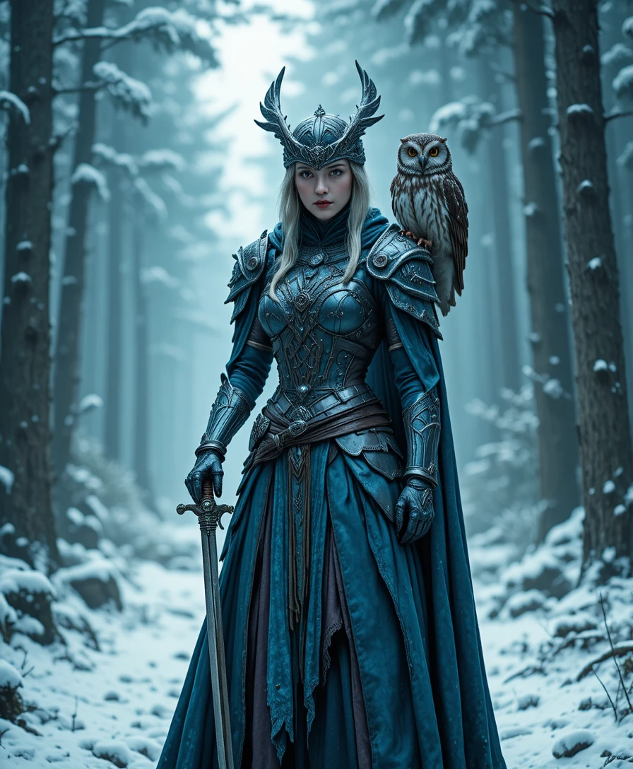 雪の森でフクロウと佇む甲冑のファンタジー女王戦士
