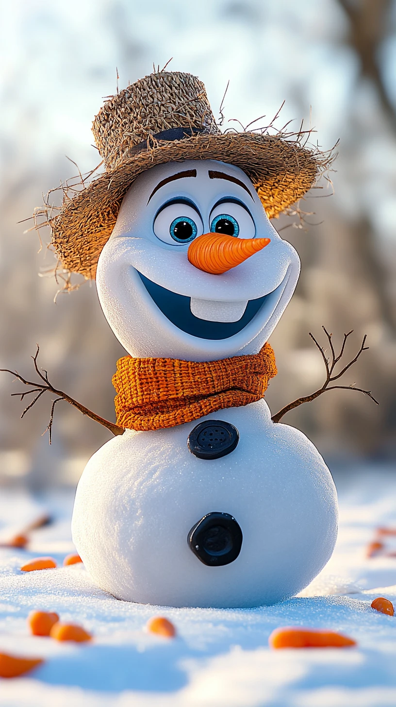 Cheerful 3D snowman with carrot nose in winter snow