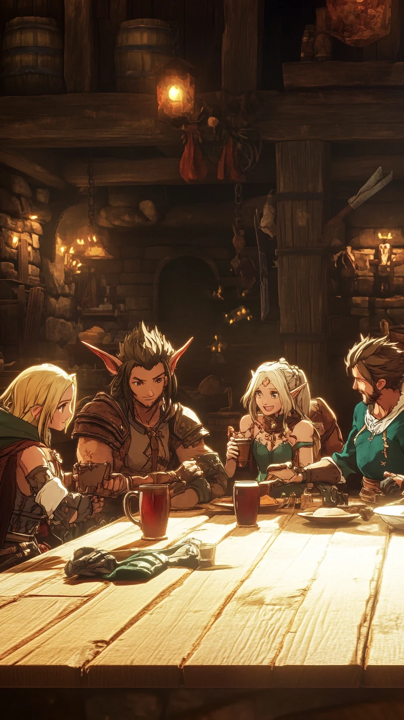Adventuring friends sharing ale in a medieval tavern