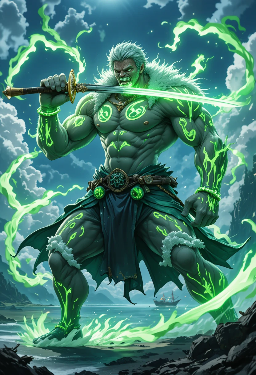 Three sword anime warrior with glowing runes on island