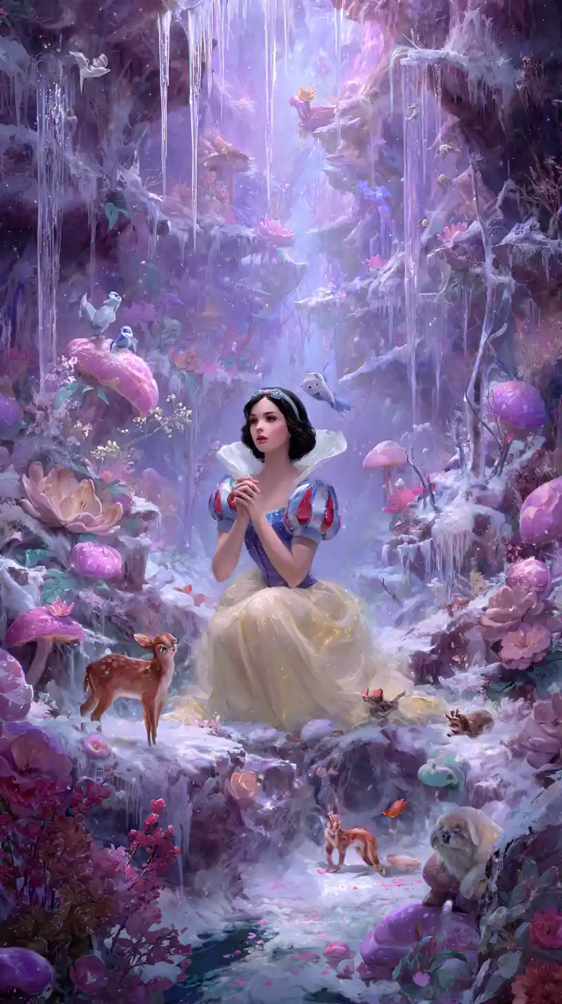 Princesse de fantasy moderne dans une forêt enneigée avec des animaux
