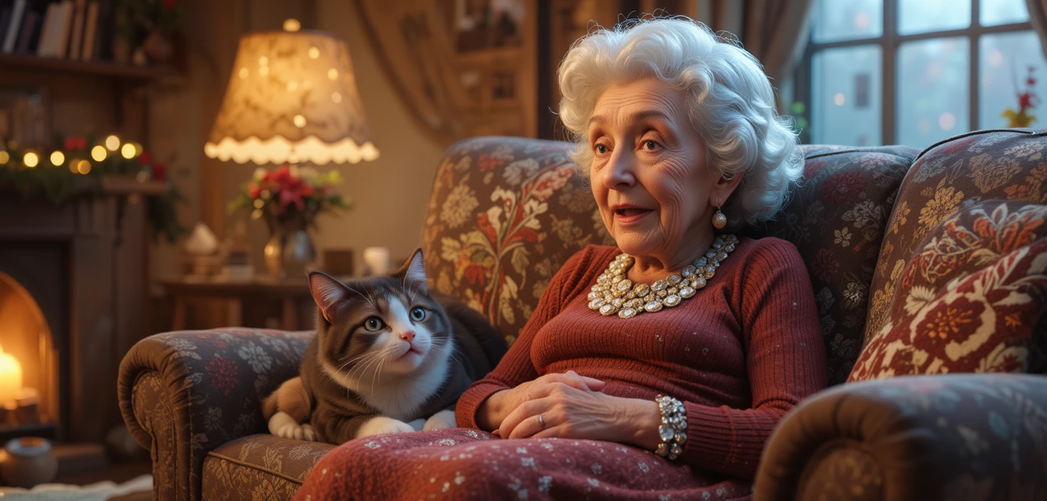 Femme âgée passant une paisible soirée de Noël avec son chat