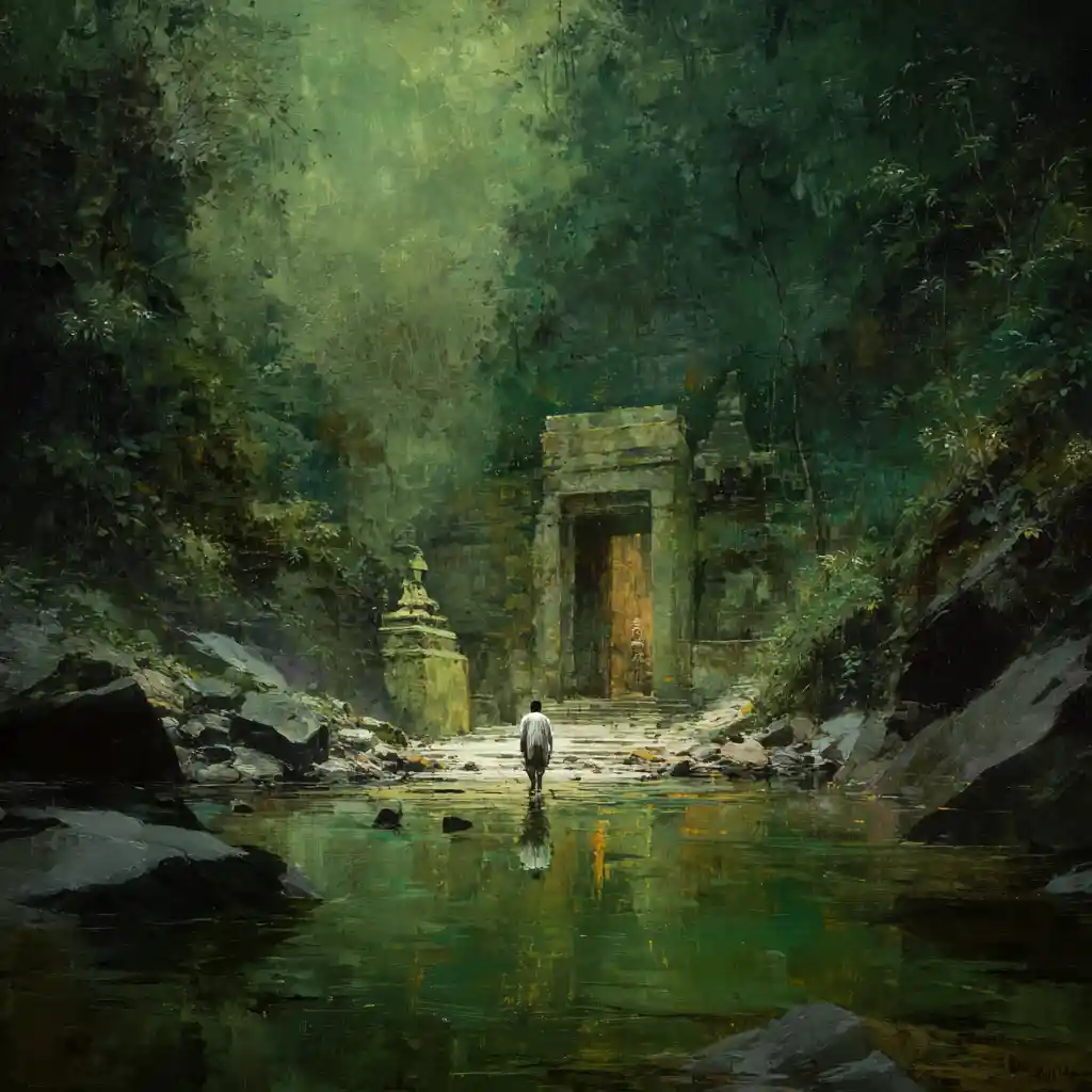 Wanderer Entering A Sacred Fantasy Garden Sanctuary