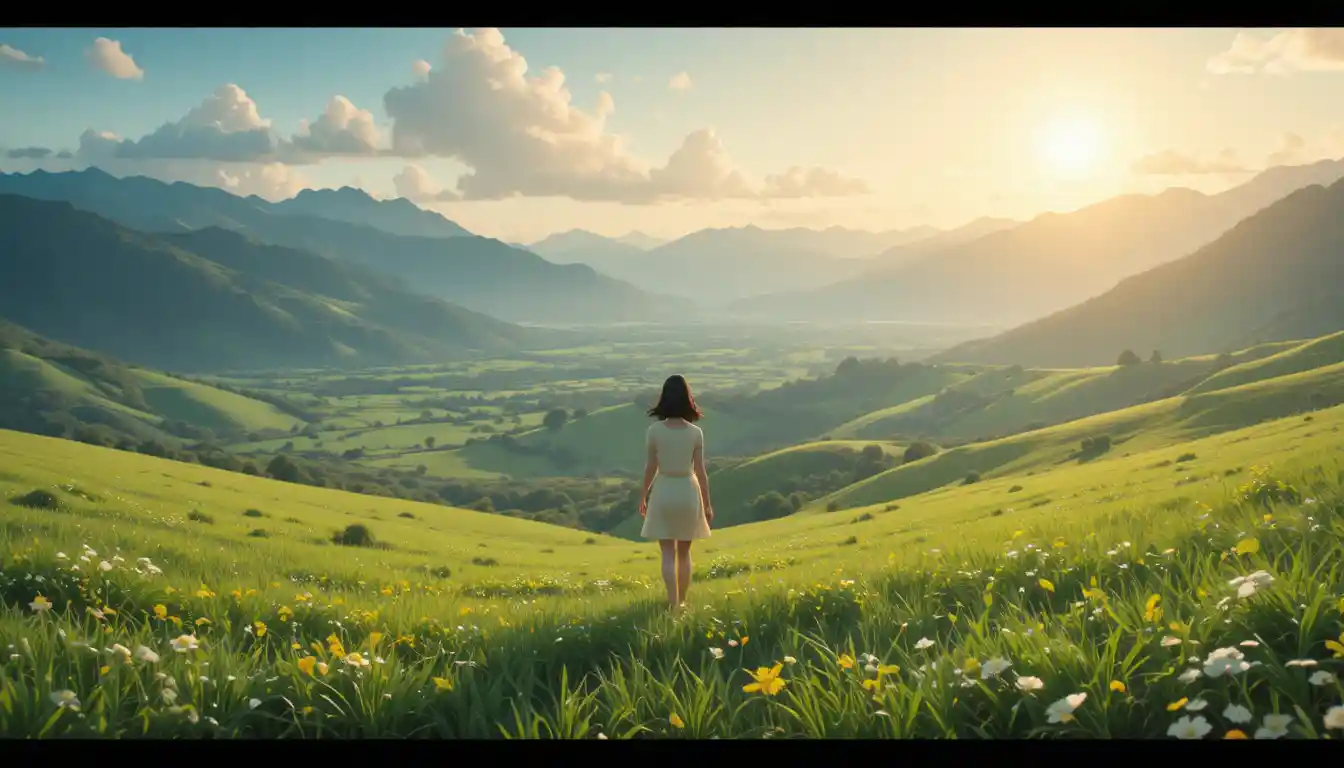 Garota de anime em um vale ao nascer do sol com montanhas ao fundo