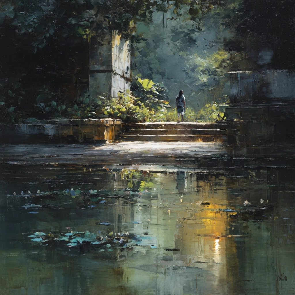 Wanderer entering a tranquil Lemurian sanctuary garden