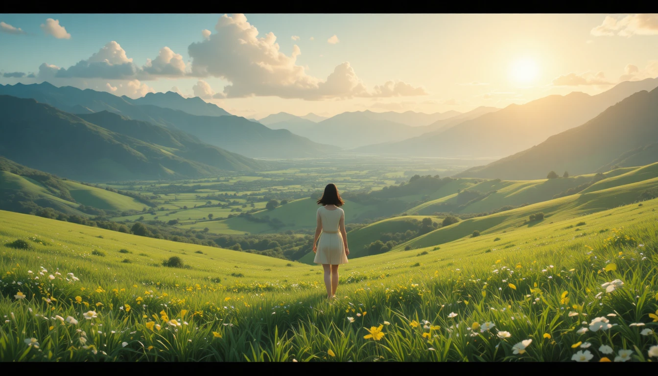Anime girl in a sunrise valley with distant mountains