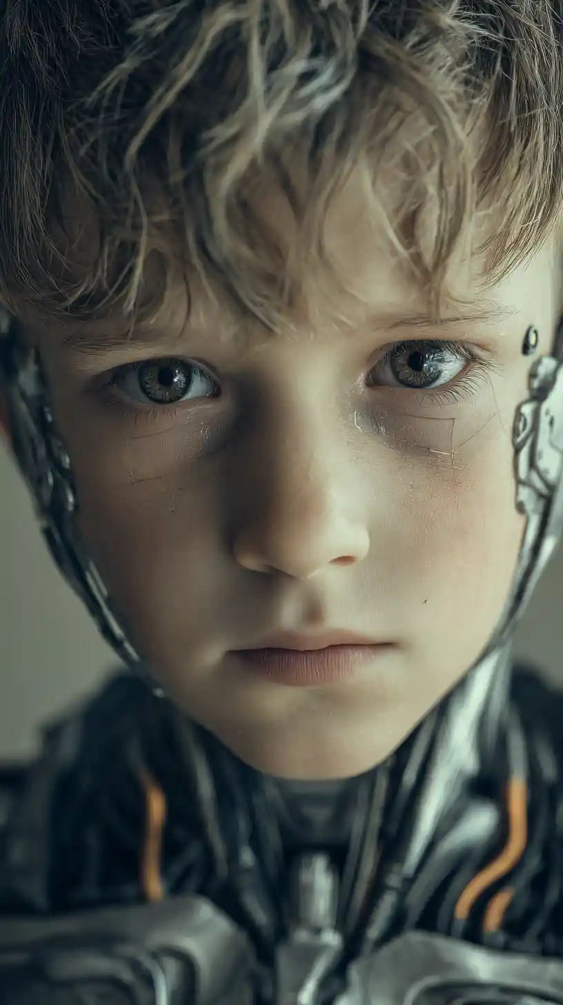Young cyborg boy with subtle implants in cold light