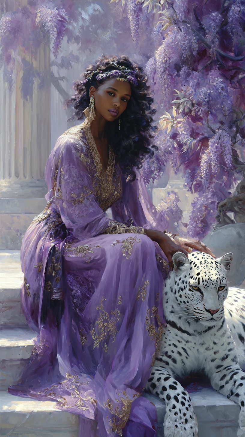 Regal woman in purple gown with white leopard companion