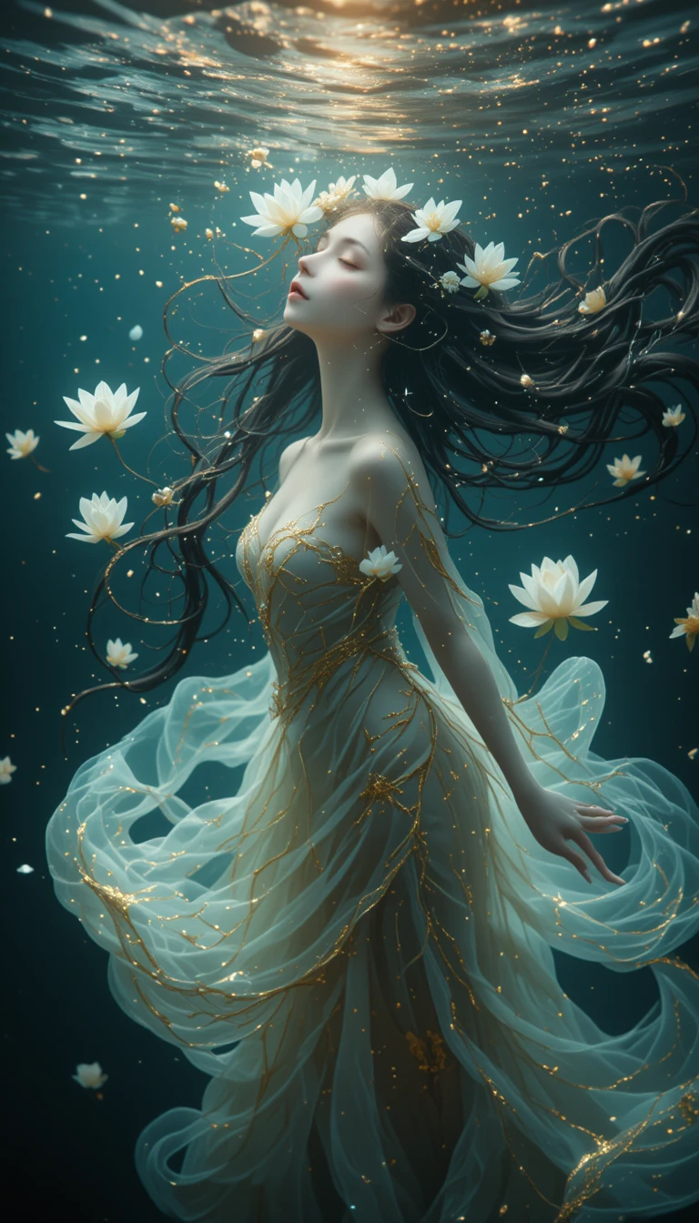 Giovane donna eterea che fluttua calma nell’acqua scura