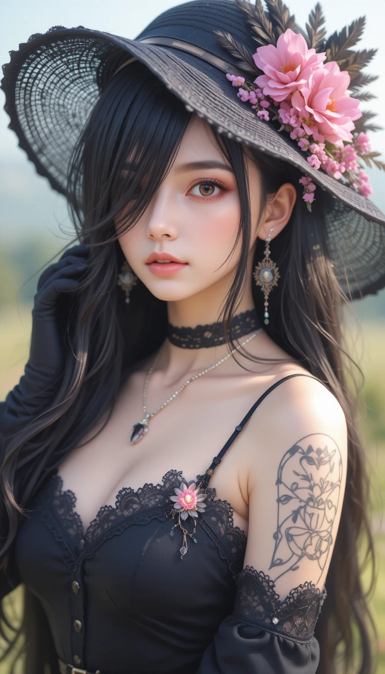 Elegantes schwarzhaariges Mädchen im schwarzen Kleid mit Blumen im Freien
