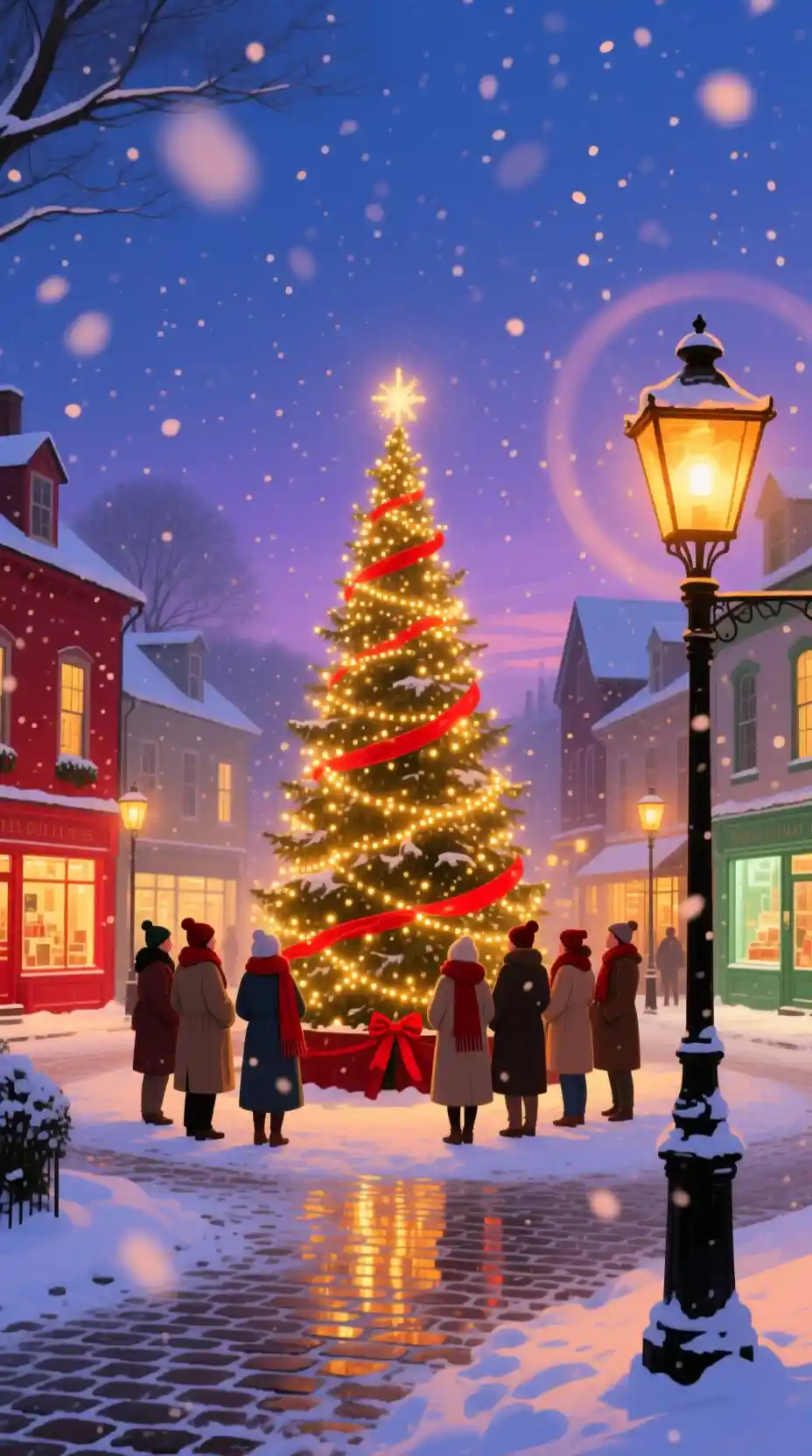 Christmas tree lighting in a snowy nostalgic town square