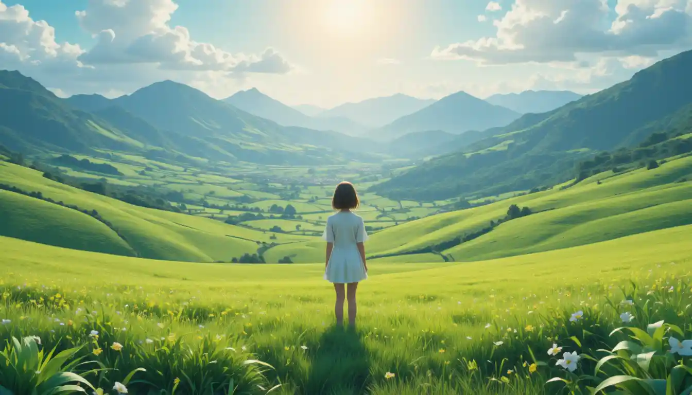 Fille d’anime dans une paisible vallée verte au lever du soleil