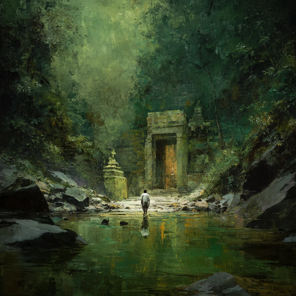 Wanderer Entering A Sacred Fantasy Garden Sanctuary