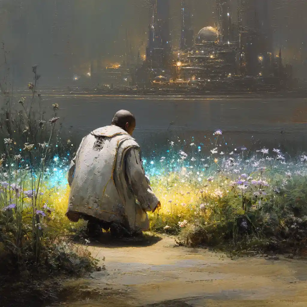 Traveler Meeting Alien Caretaker In Luminous Garden