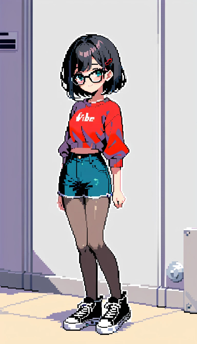 Pixel art girl in casual outfit against gray wall