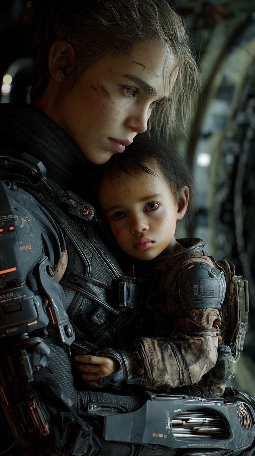 Futuristic soldier and AI child in a moody dystopian city