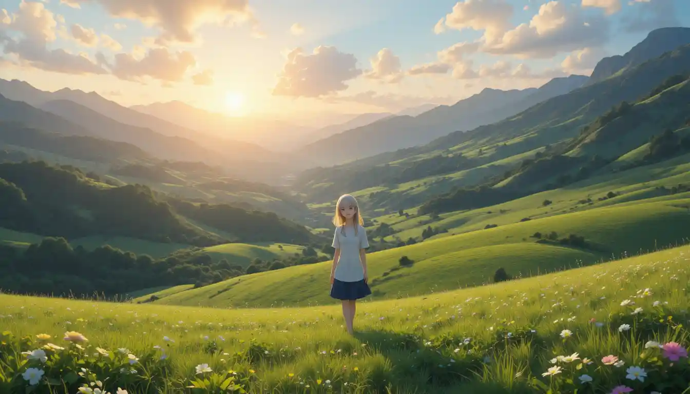 Anime girl in a green valley at gentle sunrise