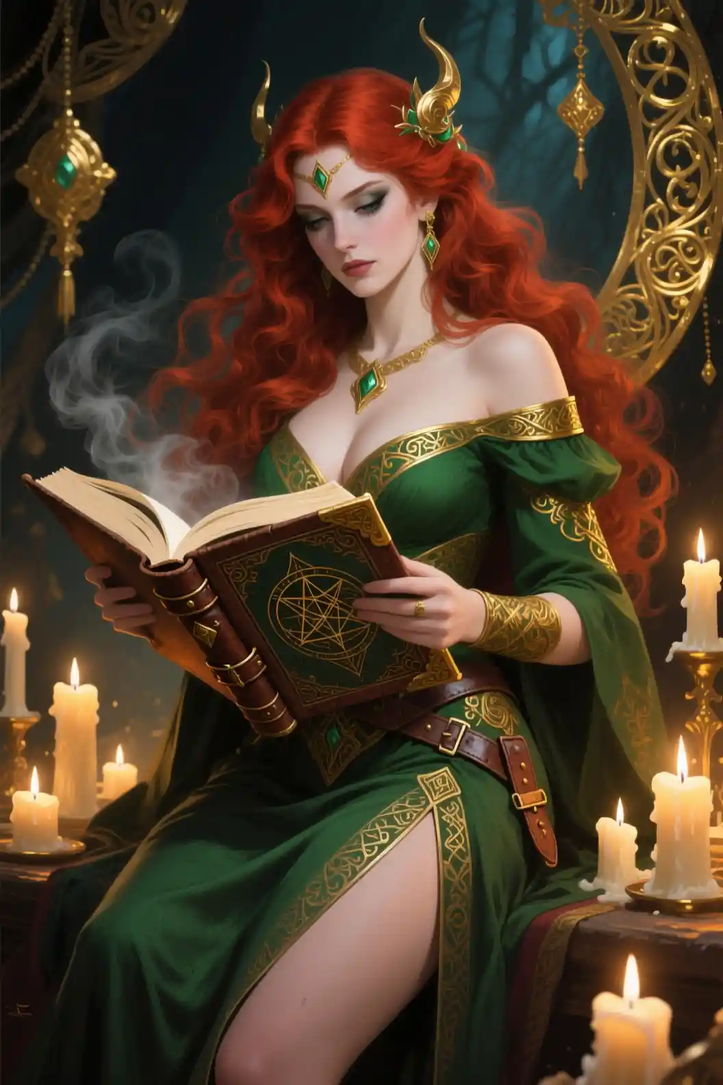 Nordic goddess reading an ancient mystical spell book