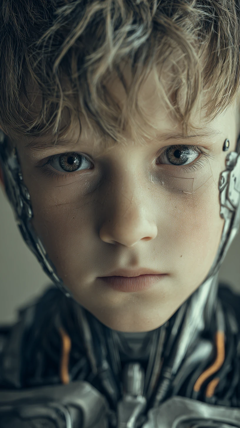 Young cyborg boy with subtle implants in cold light