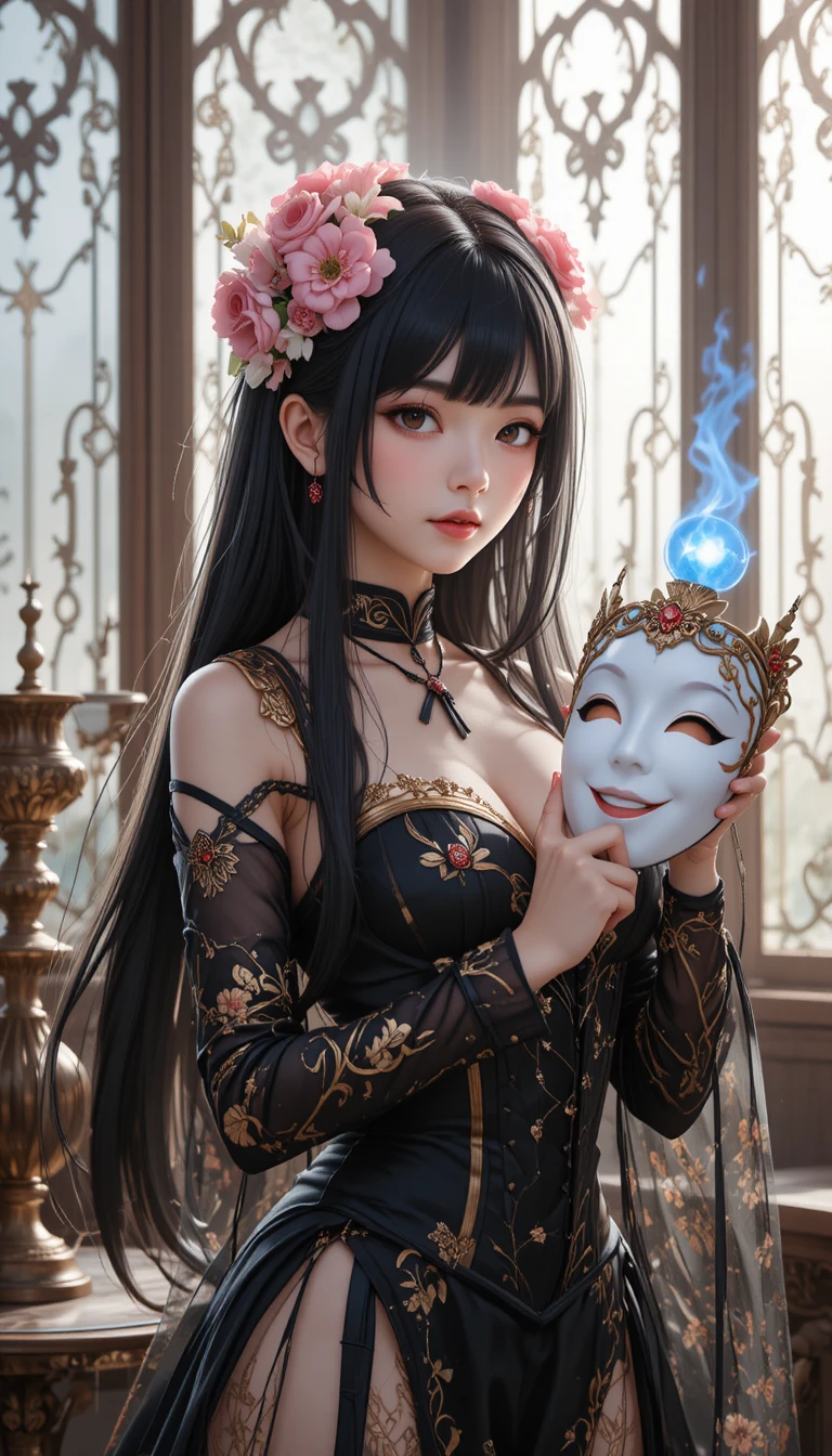 Mystical woman with mask and flame in ornate interior