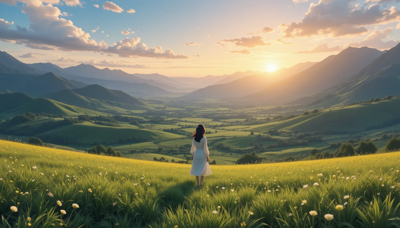 Anime girl in a sunrise valley with distant mountains