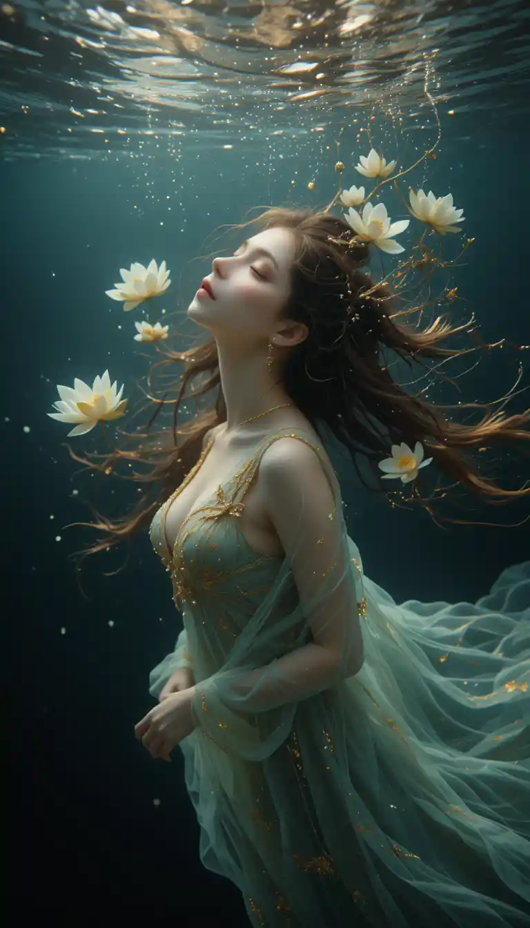 Giovane donna che fluttua serenamente nella luce oscura sottomarina
