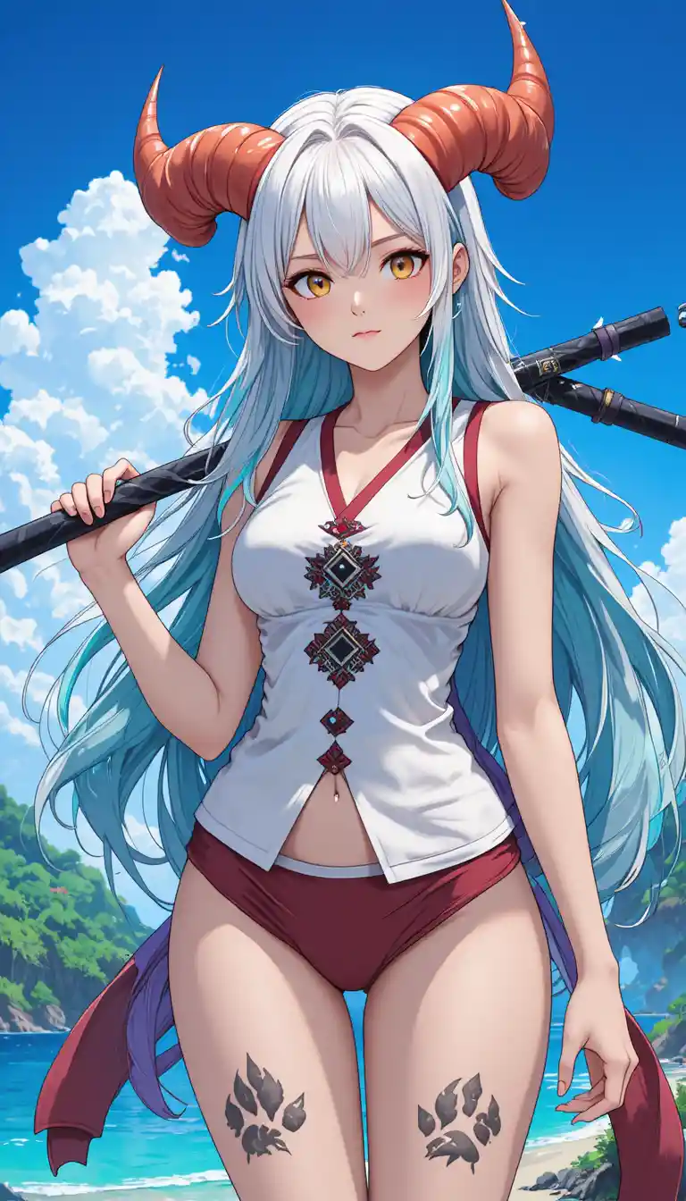 島に立つ光るルーンをまとったアニメの女戦士