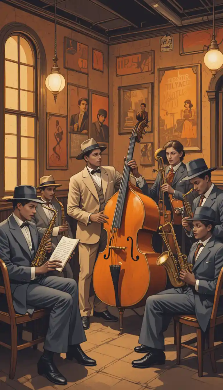 Groupe de jazz de cinq musiciens dans un club vintage chaleureux