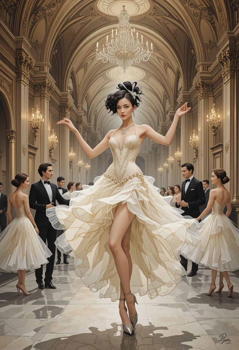 Flapper cabaret dancer in baroque ballroom watercolor scene