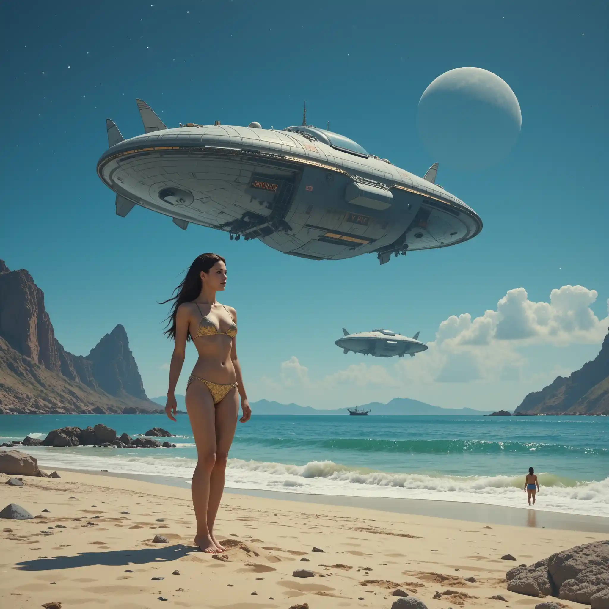 Two women in bikinis on an alien beach with spacecraft