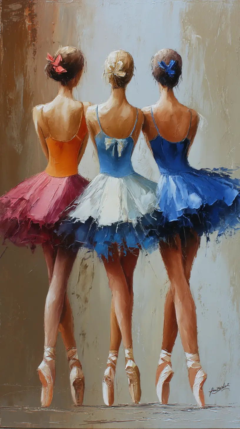 Three ballerinas in colorful tutus in impressionist oil painting