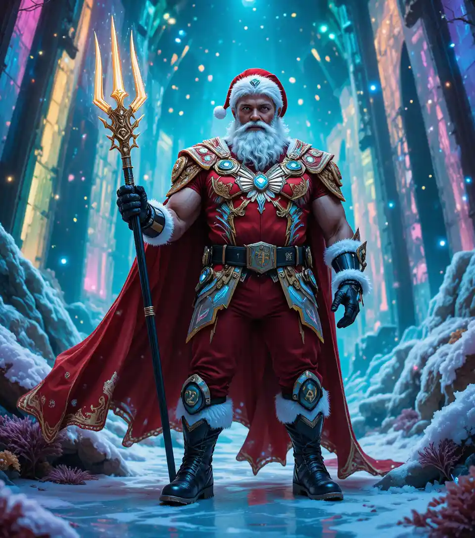 Cybernetic ice paladin Santa in neon underwater palace