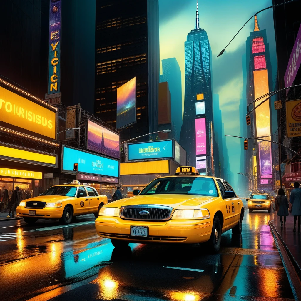 Calle concurrida de Nueva York de noche con un taxi amarillo a toda velocidad