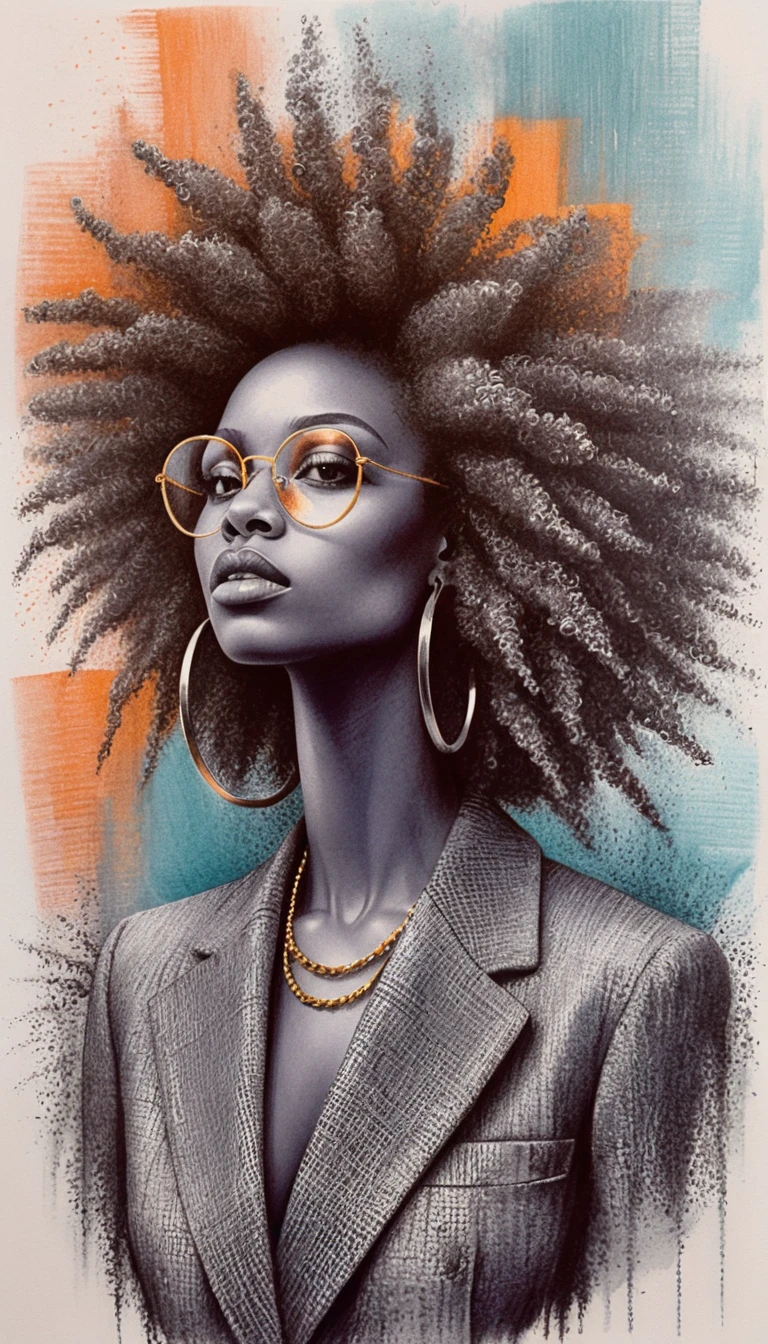 Black woman portrait with afro hair and geometric color grid