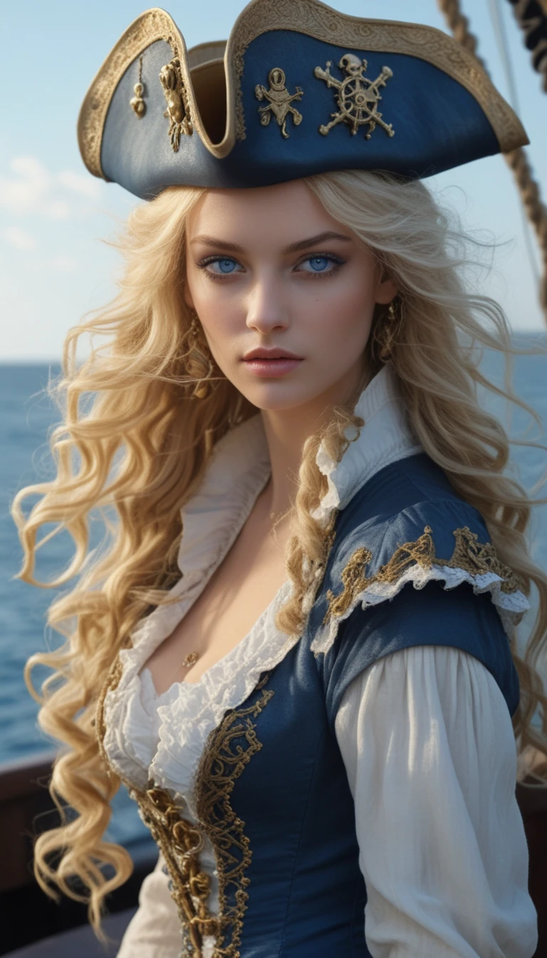 Femme pirate blonde sur le pont d’un navire avec un éclairage dramatique