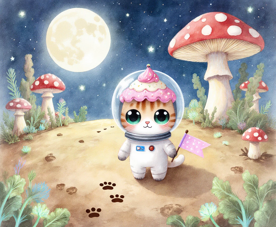 Dolce gattino astronauta che esplora una luna aliena da sogno
