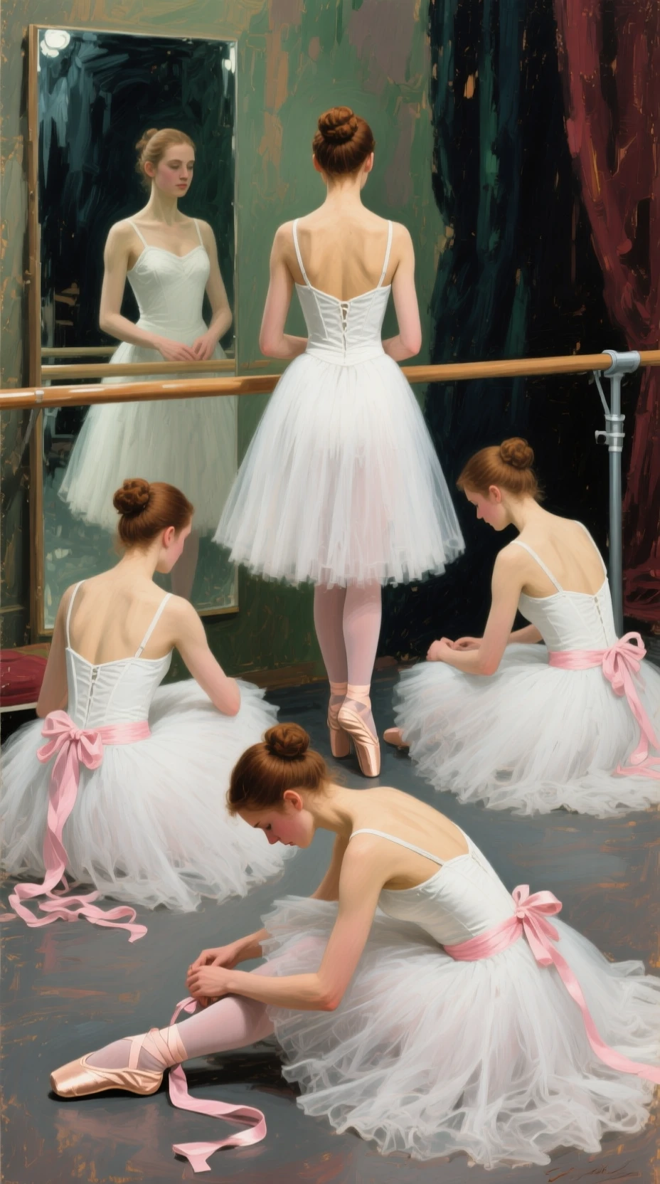 Impressionist oil painting of four ballerinas backstage