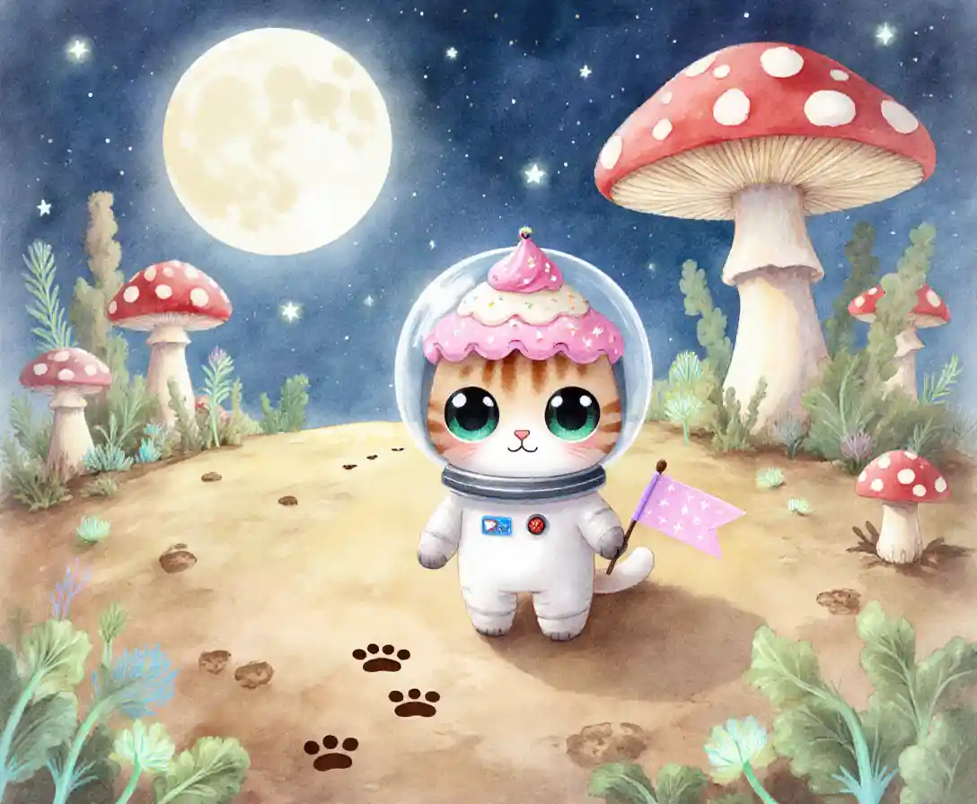 Dolce gattino astronauta che esplora una luna aliena da sogno